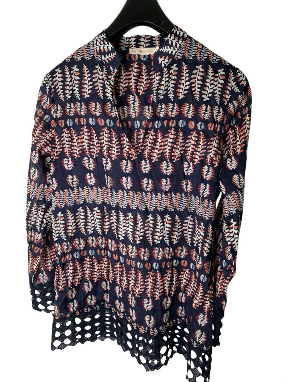 Tory Burch Tunic 100% Cotton Navy Fern Leaves Crochet Sleeves Hemline size 10